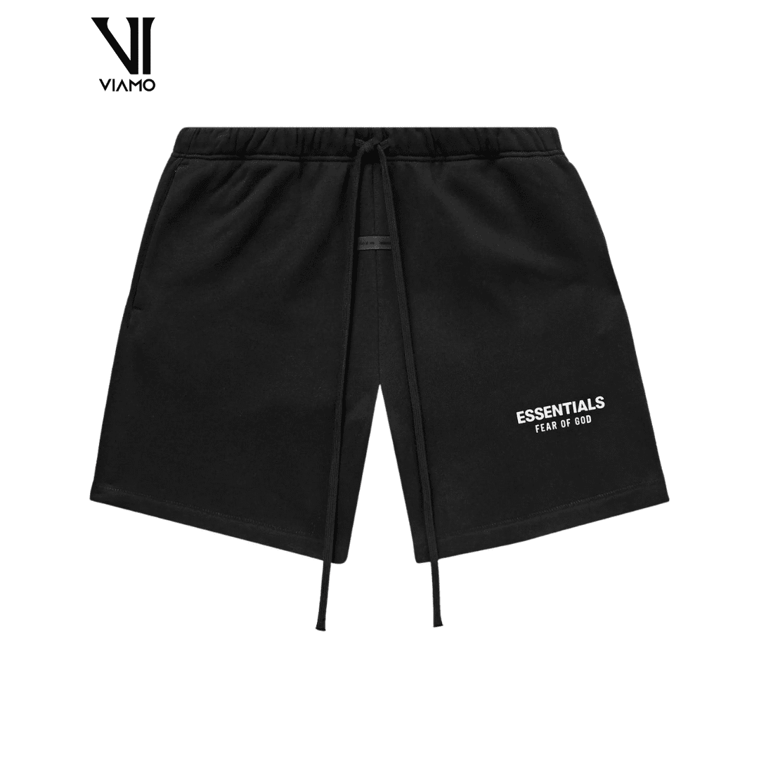 Szorty Fear of God Essentials czarne z białym napisem SS25